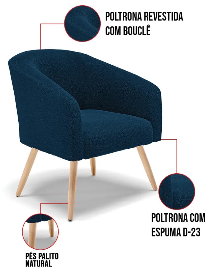 Namoradeira e 2 Poltronas Pé Palito Natural Stella Bouclê Azul D03 - D'Rossi