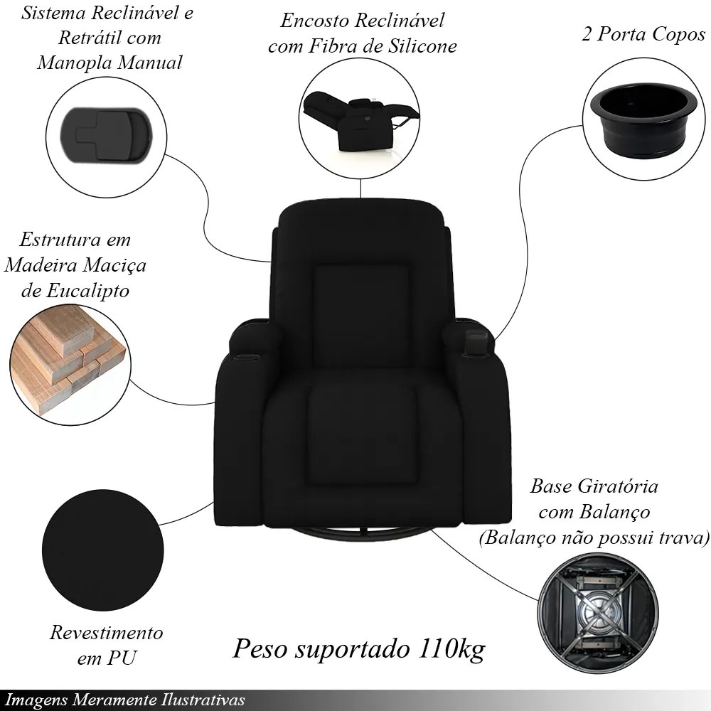 Poltrona do Papai Reclinável Giratória e Balanço Sala de Cinema Crihs Manual Glider PU Preto G23 - Gran Belo