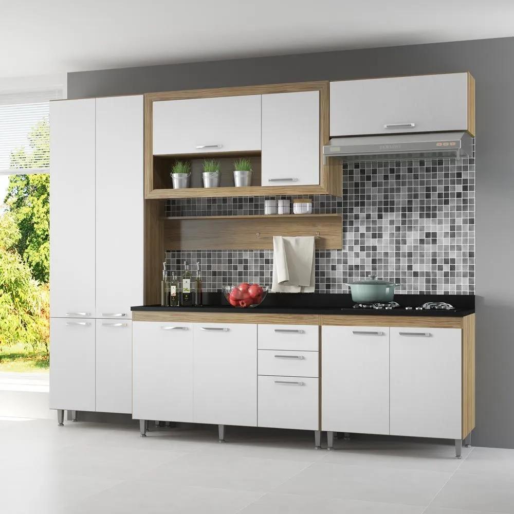 Cozinha Compacta 11 Portas Com Tampo Preto 5723 Branco/Argila - Multimóveis