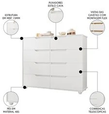 Cômoda para Quarto 8 Gavetas 136cm Doble Branco Fosco/Nature - Albatro