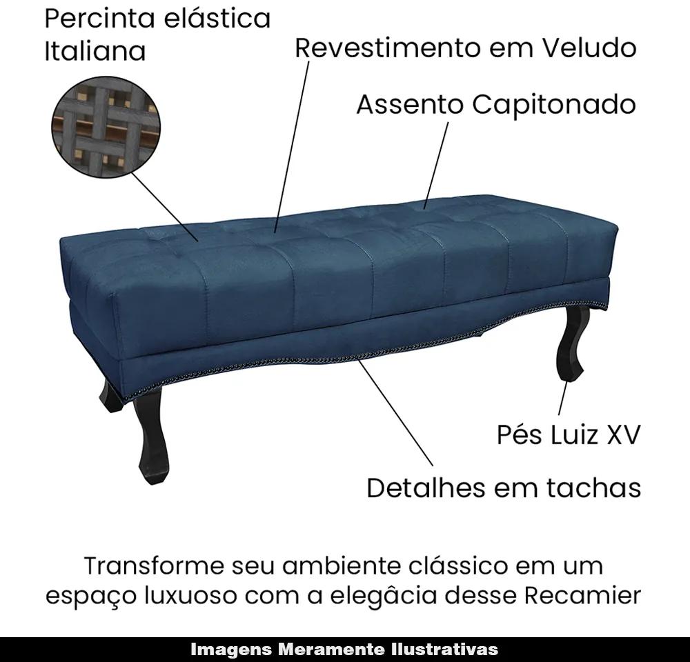 Recamier Decorativo 195cm Loewe Veludo Pés de Madeira Azul Marinho G63 - Gran Belo