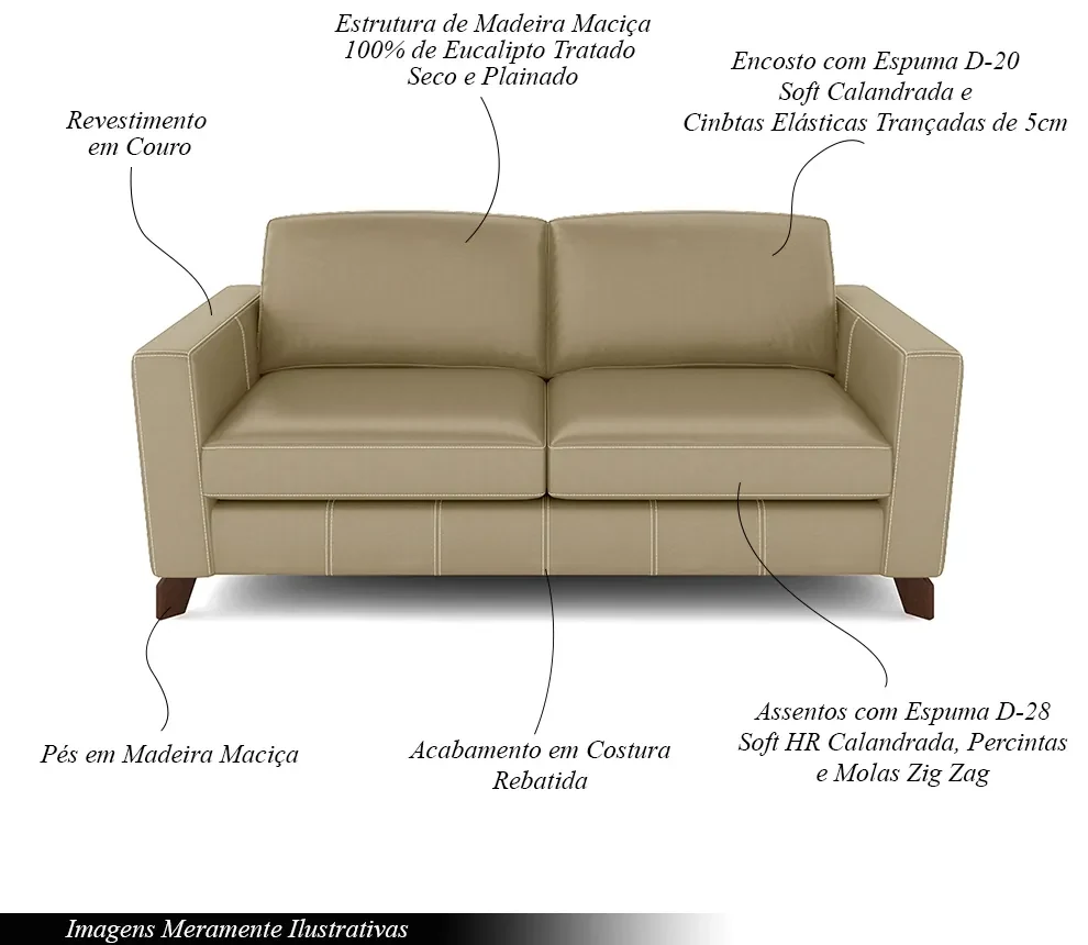 Sofá Sala de Estar Living 3 Lugares 220cm Presley Pés Madeira Couro Bege G52 - Gran Belo