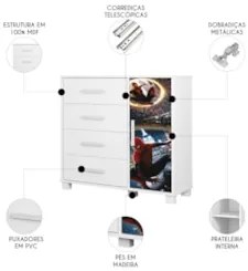 Cômoda Infantil Para Quarto 80cm 4 Gavetas Herói Aranha Z53 - Mpozenat