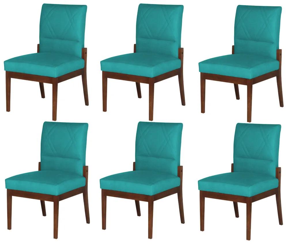 Conjunto 6 Cadeiras De Jantar Aurora Base Madeira Maciça Estofada Suede Azul Tiffany