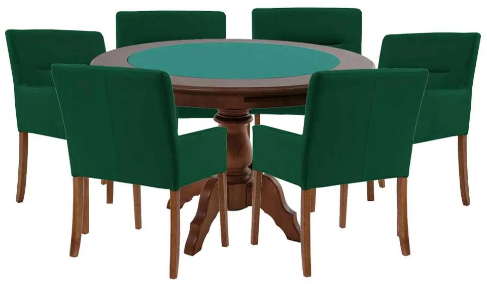 Mesa de Jogos Carteado Redonda Montreal Tampo Reversível Imbuia com 6 Cadeiras Vicenza Verde - Gran Belo