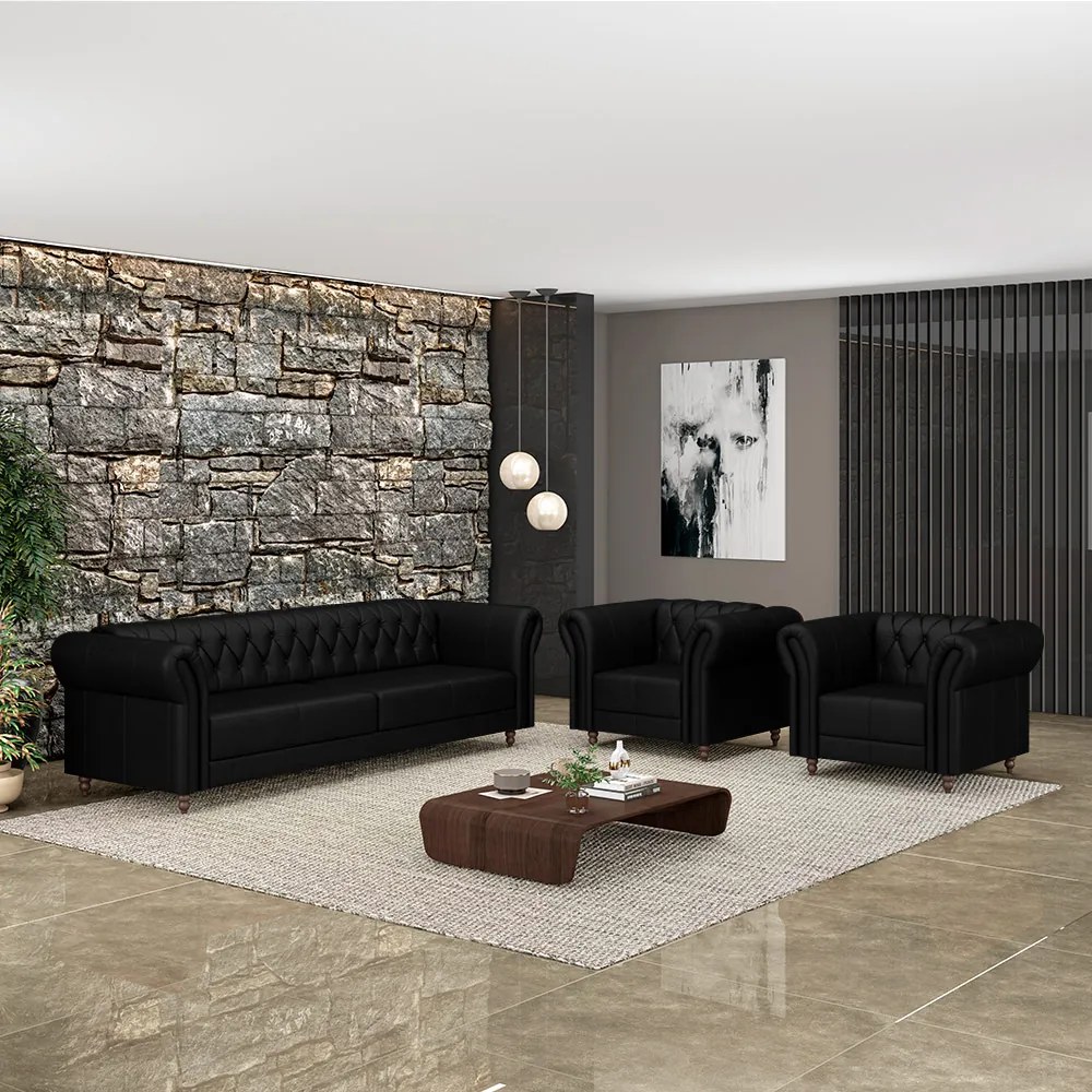 Conjunto Sala de Estar 1 Sofá Living 200cm e 2 Poltronas Stanford Chesterfield Pés Madeira Couro Preto Brilho G58 - Gran Belo