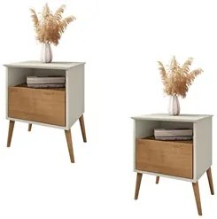 Mesa de Cabeceira Kit 2 45cm 1 Gaveta Caribe B02 Off White/Naturalle -