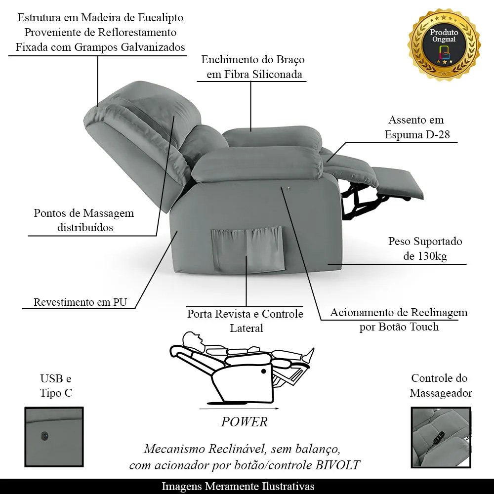 Poltrona do Papai Reclinável Melim Power Touch Massagem Sintético PU F FH1 - D'Rossi - Cinza