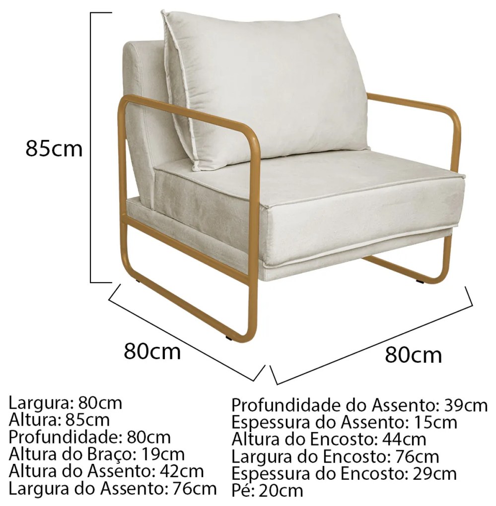 Kit 02 Poltronas Sevilha Base de Ferro Dourado Linho - ADJ Decor