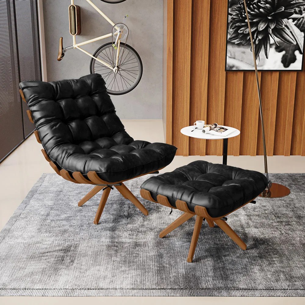 Poltrona com Puff Giratório Costela Sintético PU Base de Madeira MA30 M11 - D'Rossi - Preto