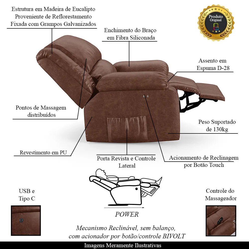 Poltrona do Papai Reclinável Sala de Cinema Madrid Power Touch Massagem USB PU Marrom Brilho  G23 - Gran Belo