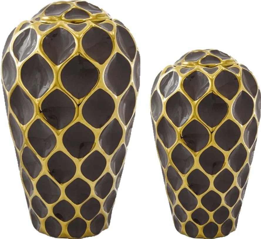 Conjunto de Potiche Decorativos Marrom com Detalhes em Dourado - 2 Peças