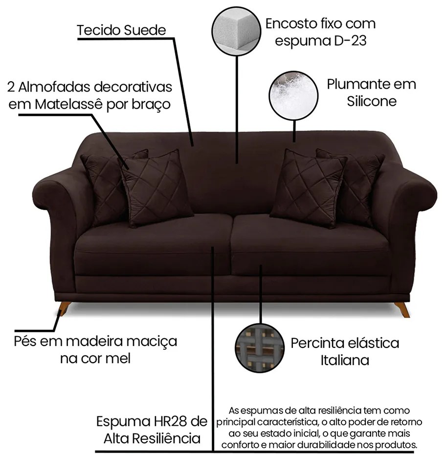 Sofá 3 Lugares Pé de Madeira Julieta 220 cm Suede S04 - D'Rossi - Café