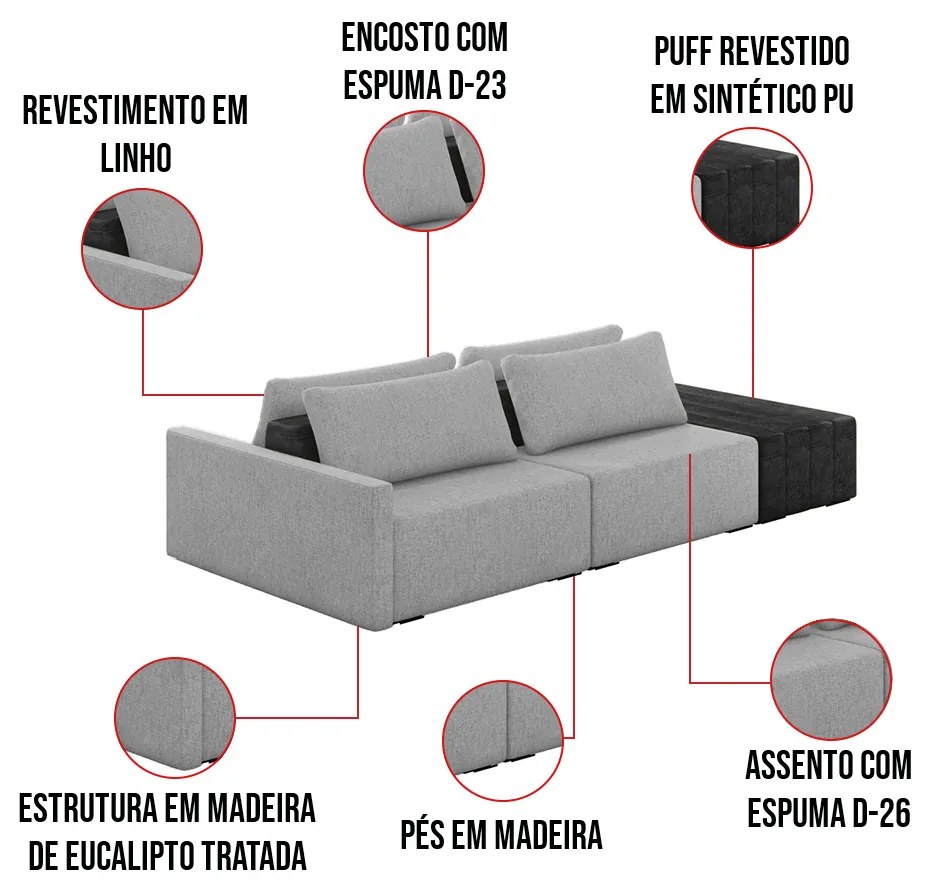 Sofá Ilha 2 Lugares Living 292cm Modulado para Sala Lary Linho/PU Pto K01 - D'Rossi - Cinza