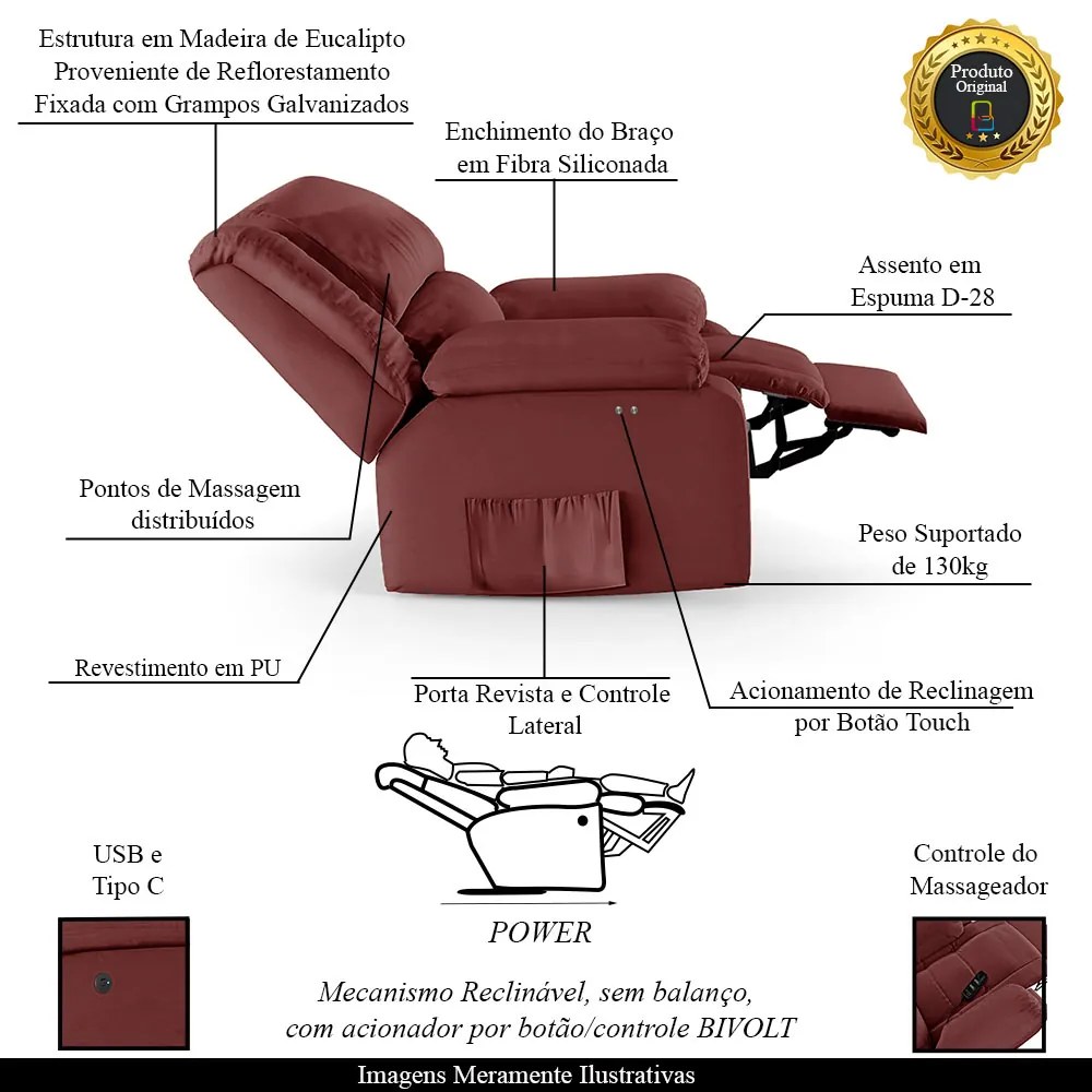 Poltrona do Papai Reclinável Melim Power Touch Massagem PU Vermelho FH1 - D'Rossi