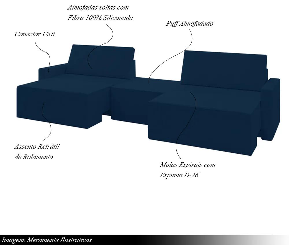Sofá Retrátil Embutido Modulado com Puff 4 Lugares Xerxes 269cm Veludo Azul G33 - Gran Belo