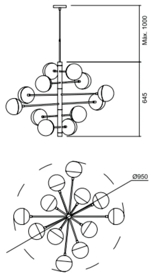 Pendente Satélite C/ 12 Globos Ø95X64,5X100Cm 12L G9 Metal E Globo Ø12... (OC-M Ocre Metálico, FOSCO)