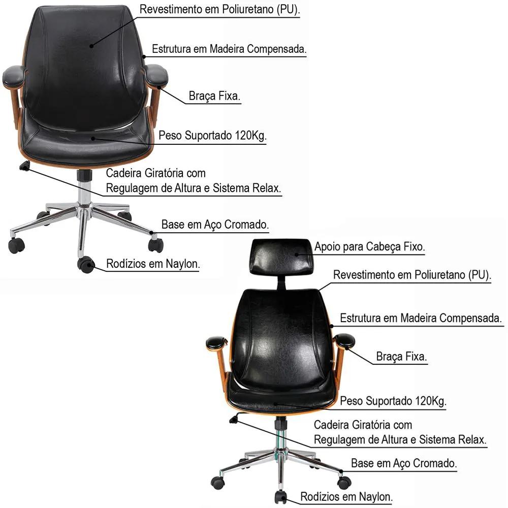 Kit 03 Cadeiras de Escritório Presidente e Diretor Giratória com Regulagem de Altura Akon PU Sintético Preto G56 - Gran Belo
