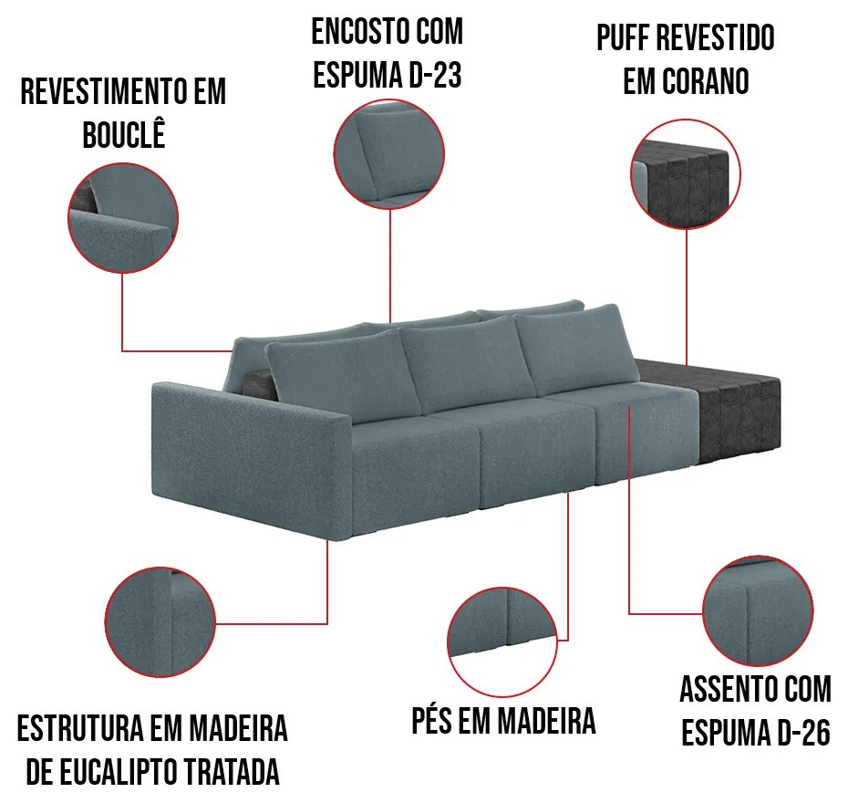 Sofá Ilha 3 Lugares Living 372cm Modulado Sala Lary Bouclê/PU Pto K01 - D'Rossi - Azul