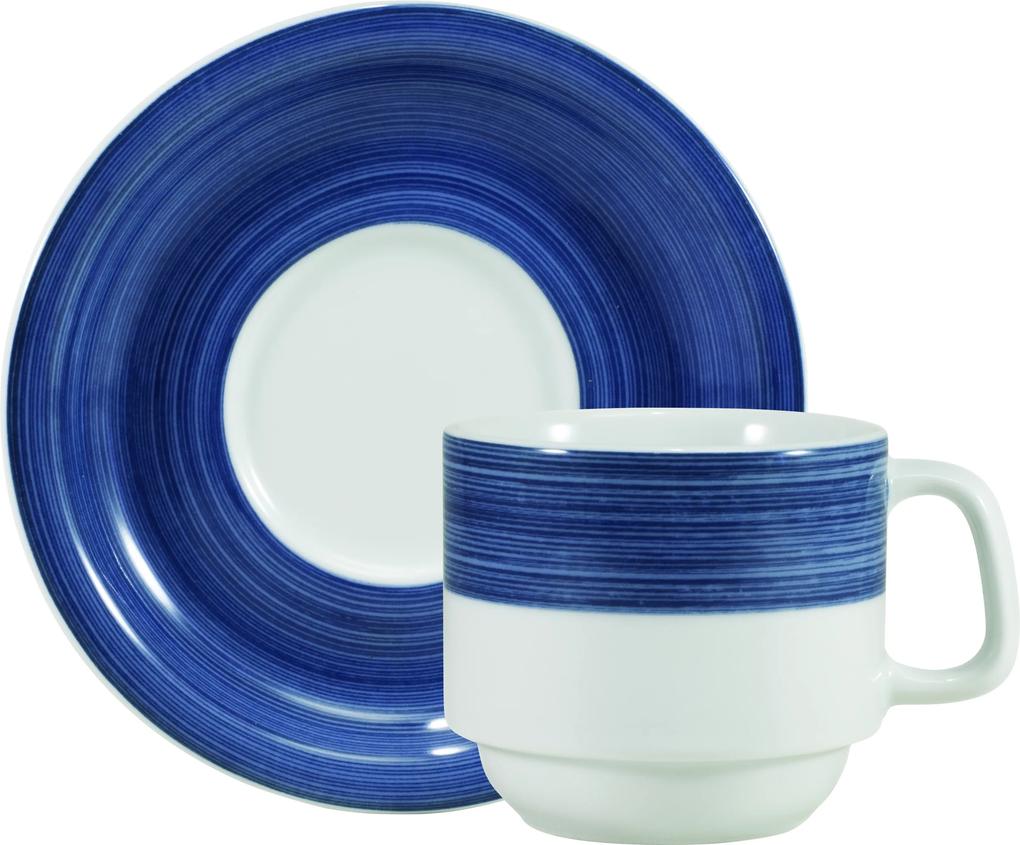 Xícara Chá c/ Pires Porcelana Schmidt - Dec. Cilíndrica Pintura à Mão Azul