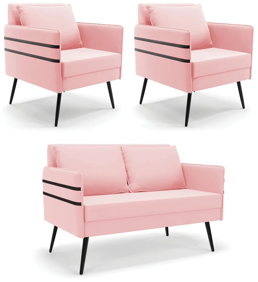 Kit 01 Namoradeira 02 Lugares e 02 Poltronas Mari Suede Rosa Bebê Pés Palito de Ferro - D'Rossi