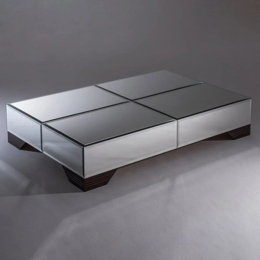 Mesa de Centro Malin Retangular Espelhada Pés em Madeira Design Contemporâneo