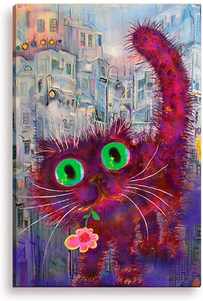 Tela Decorativa Estilo Pintura Gato e Flor- Tamanho: 90x60cm (A-L) Unico