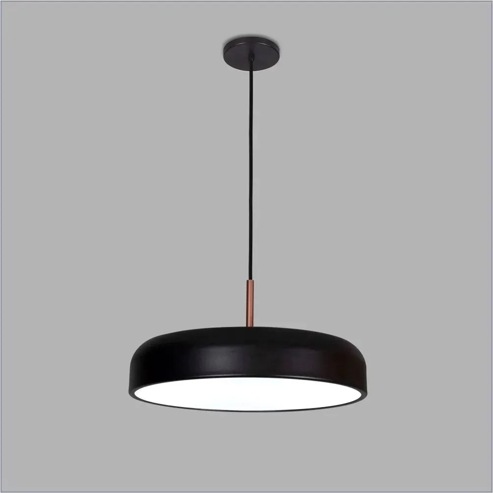Pendente Titan Ø40X11Cm 4Xe27 Com Difusor Plano / Haste De 15Cm | Usin... (PT / CB-V - Preto Texturizado / Cobre Escovado)
