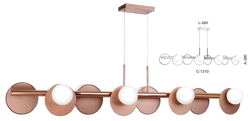 Pendente Retangular 121X24X28Cm Metal E Globo Ø10Cm 08Xg9 | Old Artisa... (COBRE FOSCO, CLEAR (TRANSPARENTE))