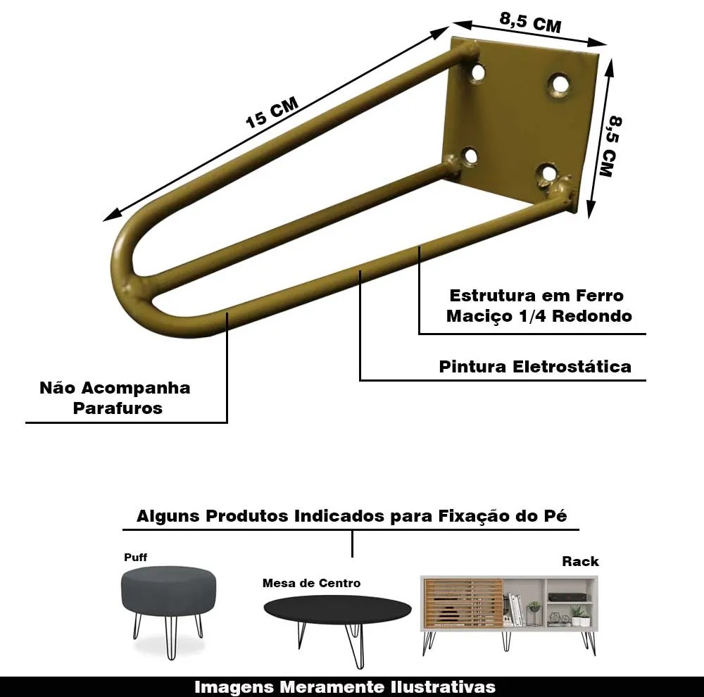 Kit 2 Pés de Metal 15 CM Hairpin Legs Mesas de Centro Puffs Dourado G41