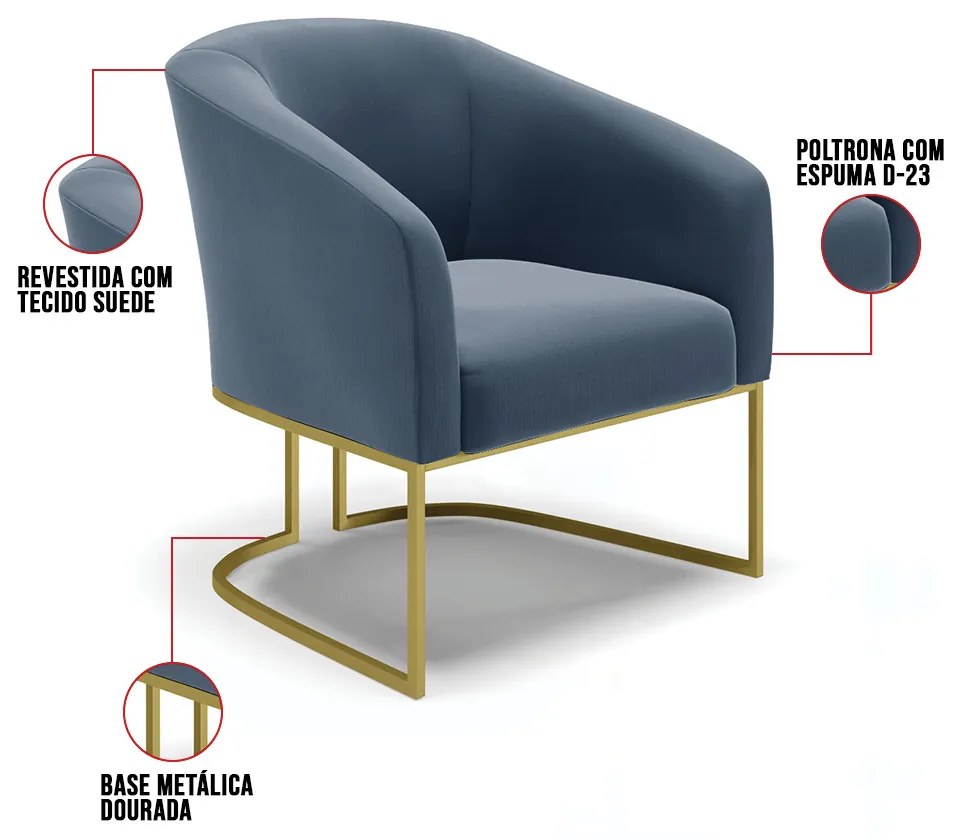 Cadeira Sala de Jantar Base Industrial Dourado Kit 2 Stella Suede D03 - D'Rossi - Azul Marinho