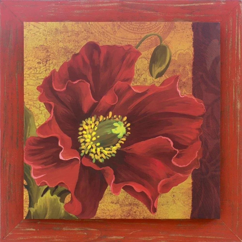 Quadro Decorativo Tela Com Moldura Rústica Vermelha Flor Papoula Vermelha 75x75cm