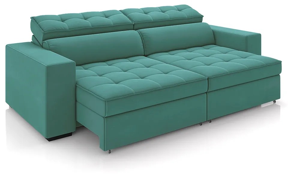 Sofá Decorativo Hugo 2 Lugares 300cm Reclinável e Retrátil Veludo Azul Turqueza G45 - Gran Belo