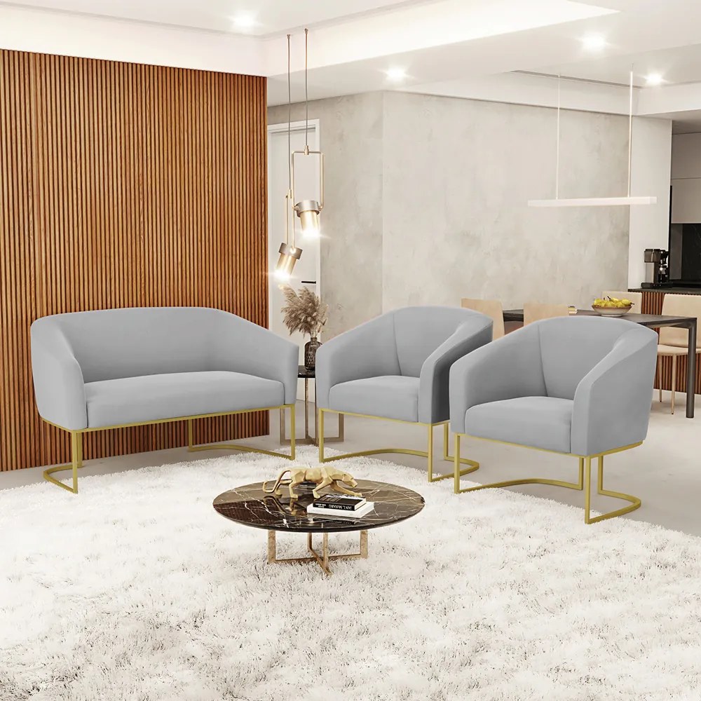 Namoradeira e 2 Poltronas Industrial Dourado Stella Suede D03 - D'Rossi Cinza