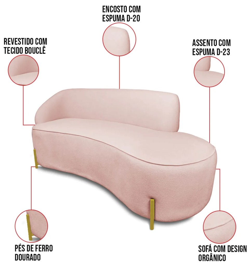 Sofá 2 Lugares Orgânico 140cm Pé Dourado Morgan Bouclê Rosê D03 - D'Rossi