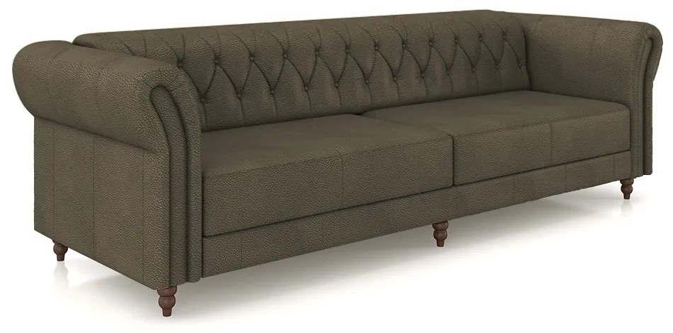 Sofá Living Sala de Estar Stanford Chesterfield 3 Lugares 260cm Pés de Madeira Couro Capuccino G58 - Gran Belo