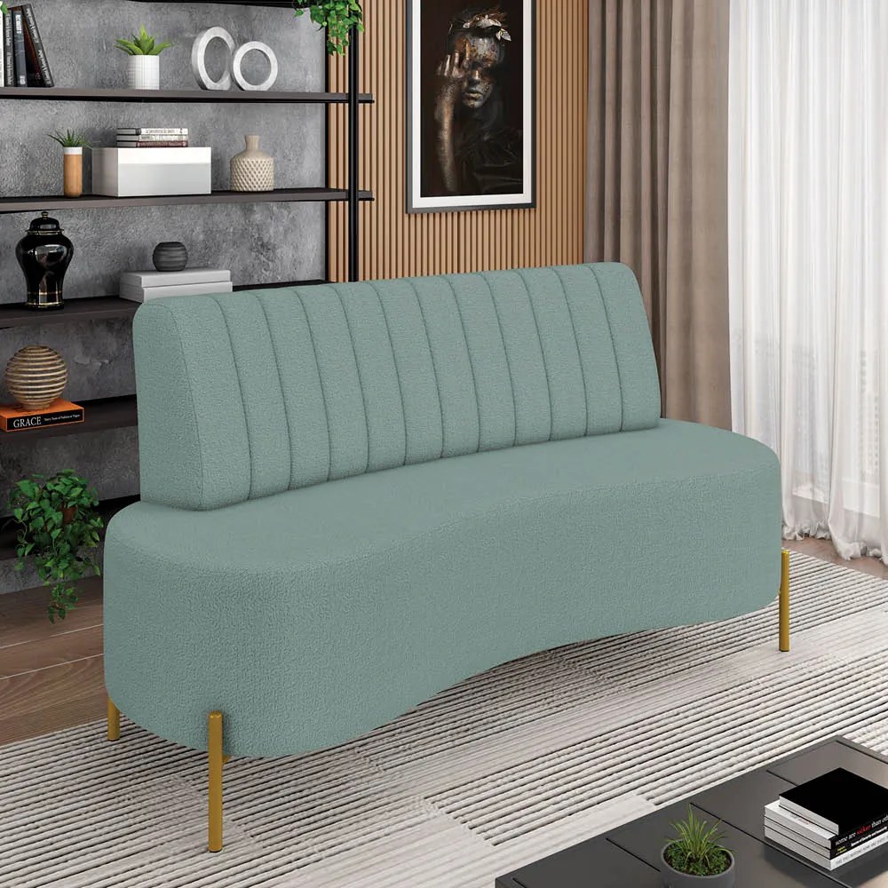 Sofá 2 Lugares Living 135cm Pé Ferro Dourado Maraú Bouclê Azul K01 - D'Rossi