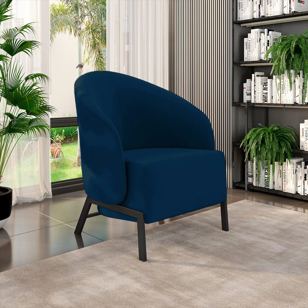 Kit 2 Poltronas Decorativa Sala de Estar Kenya Pés em Ferro Veludo Preto/Azul G33 - Gran Belo