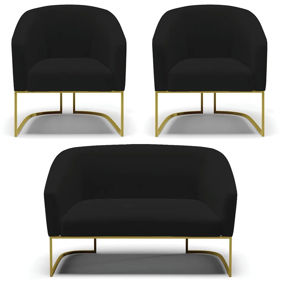 Namoradeira e 2 Poltronas Base Industrial Dourado Stella Linho D03 - D'Rossi - A79 Preto