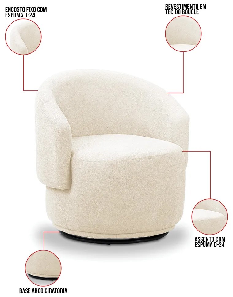 Poltrona Decorativa Orgânica Giratória Kit 2 Névoa Bouclê Bege E03 - D'Rossi