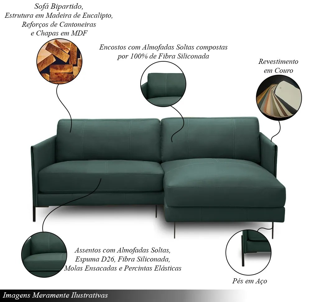 Sofá Decorativo Karine 3 Lugares Sala de estar 230cm com Chaise Pés em Aço Couro Verde Musgo G88 - Gran Belo