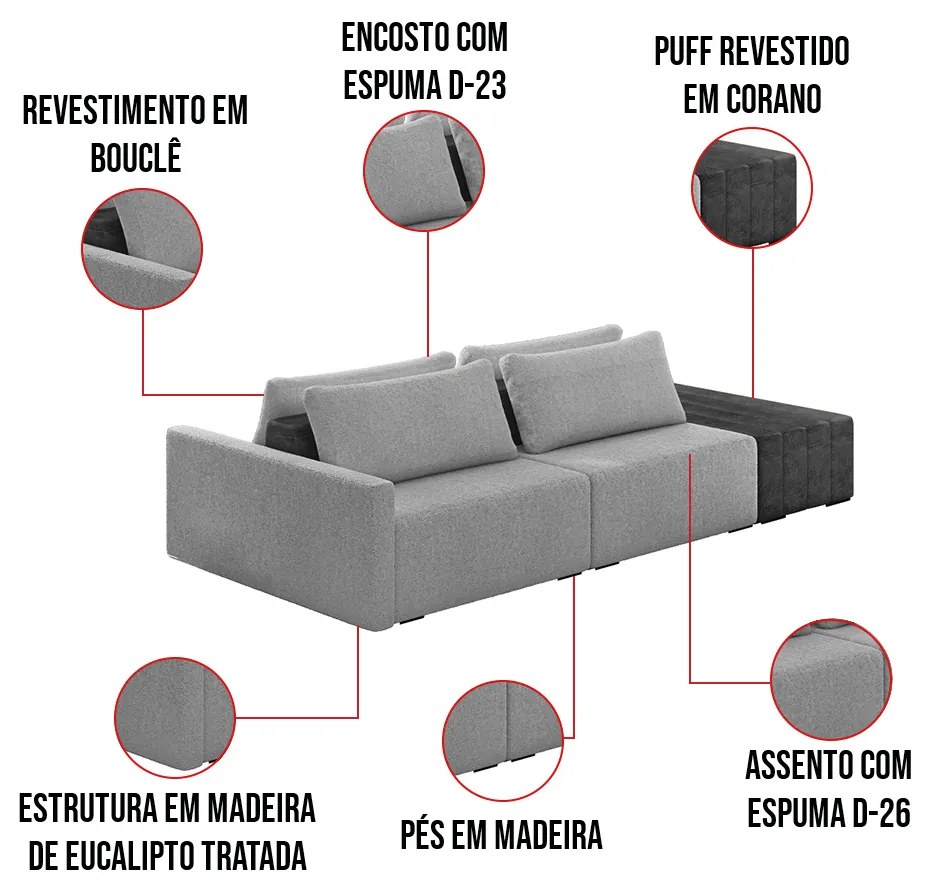 Sofá Ilha 2 Lugares Living 252cm Modulado Sala Lary Bouclê/PU Pto K01 - D'Rossi - Cinza claro