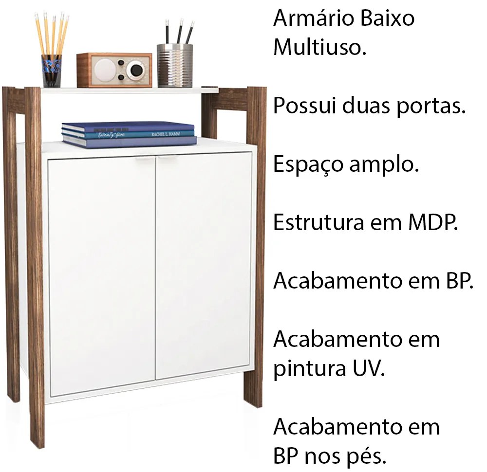 Armário Mesa baixa para Escritório Home Office AZ1008 MDP Branco/Nogal G69 - Gran Belo