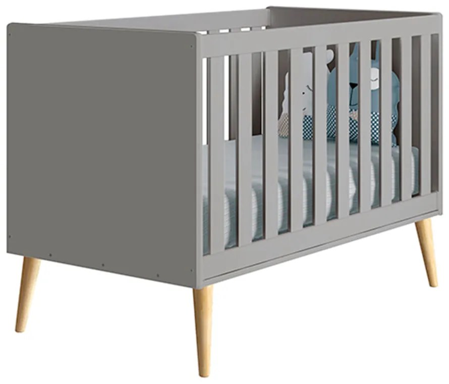 Berço Mini Cama Theo com Pés Retrô Natural - Cinza Fosco