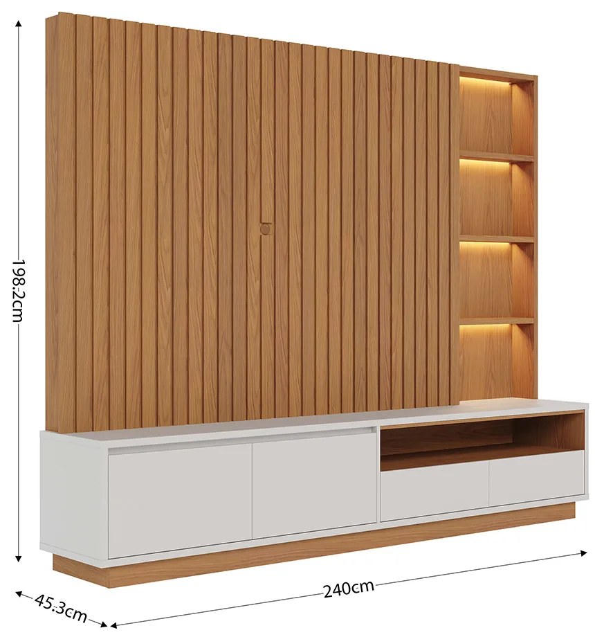 Estante de TV 82 Polegadas 240cm com LED Leme C04 - D'Rossi - Freijó e Off White Matte