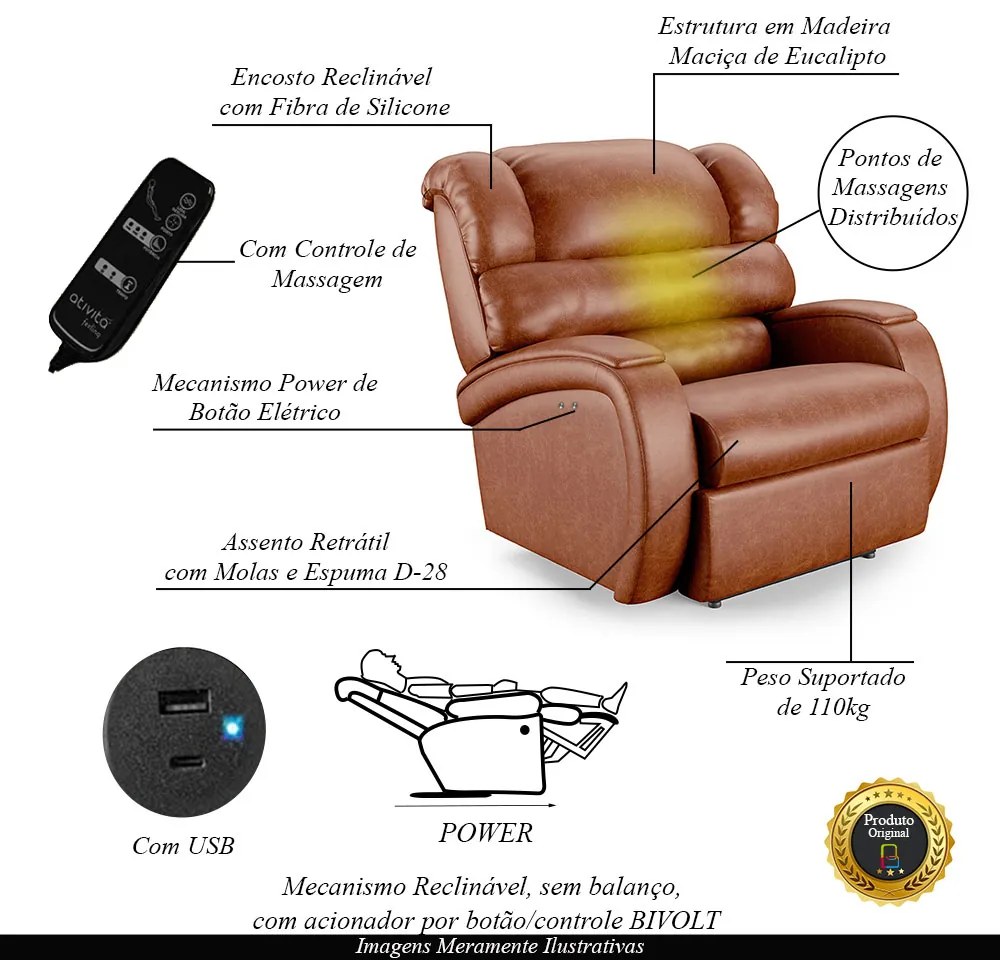 Poltrona do Papai Reclinável Napoli Power Touch Massagem PU Caramelo Brilho FH1 - D'Rossi