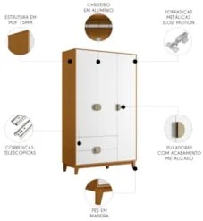 Guarda Roupa Solteiro 120cm 3 Portas Ipê Cinamomo/Branco - Albatroz
