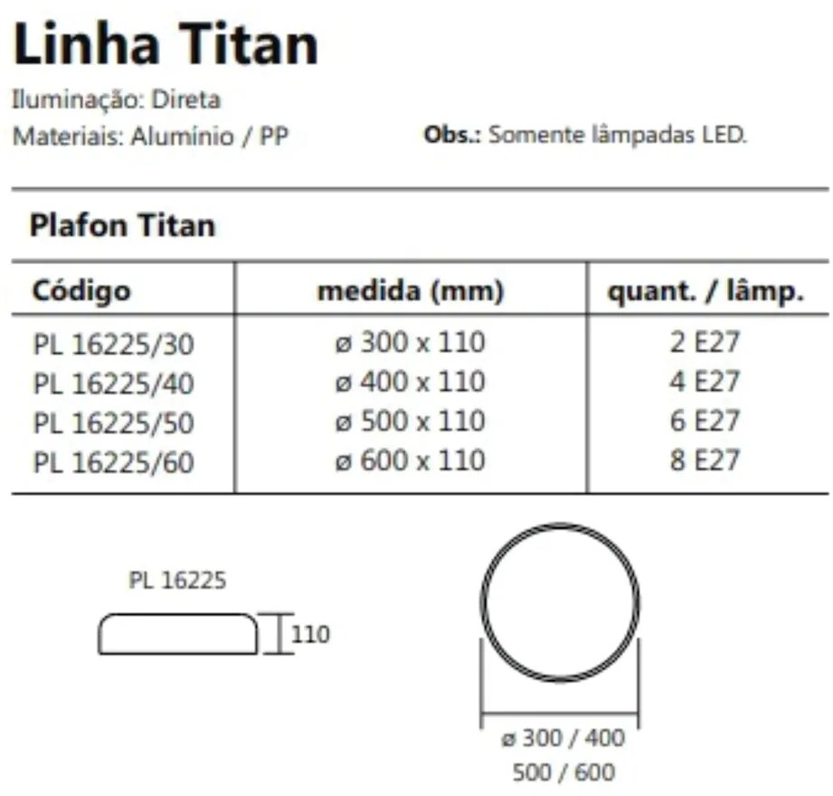 Plafon Titan Ø60X11Cm 8Xe27 Com Difusor Plano | Usina 16225/60 (AV-M - Avelã Metálico)