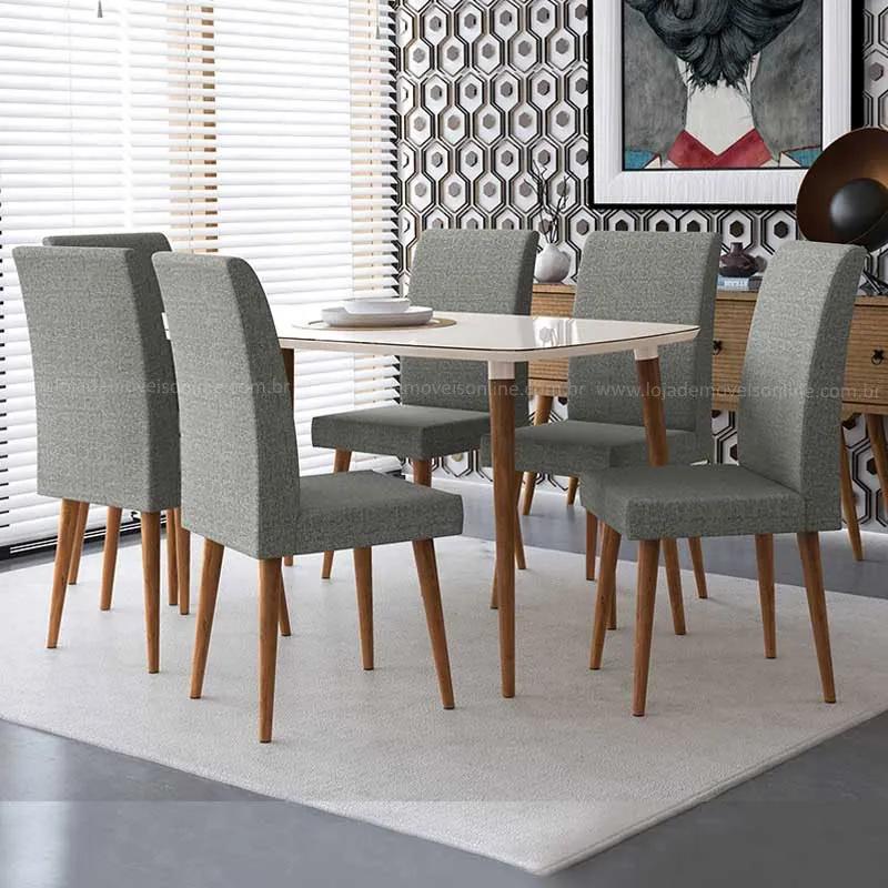 Conjunto Mesa Para Sala De Jantar Retrô 170 X 90 Com 6 Cadeiras Jade Rv Móveis - Off White/cinza