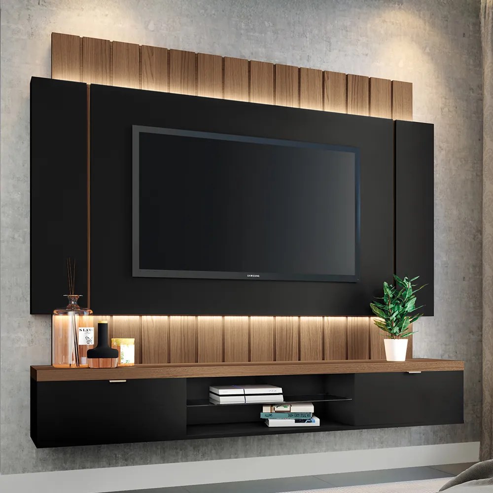 Painel Home Suspenso 1.8 para TV até 55" MDP/MDF com Fita LED Illusion Preto/Castanho G26 - HB Móveis